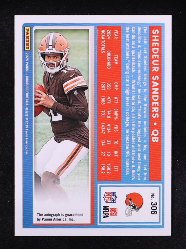 Shedeur Sanders 2025 Donruss Rated Rookies Autographs Green #306 RC at PristineAuction.com Shedeur Sanders 2025 Donruss Rated Rookies Autographs Green #306 RC at PristineAuction.com