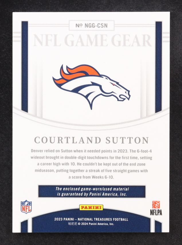 Courtland Sutton 2023 Panini National Treasures NFL Game Gear #3 #82/99 at PristineAuction.com Courtland Sutton 2023 Panini National Treasures NFL Game Gear #3 #82/99 at PristineAuction.com