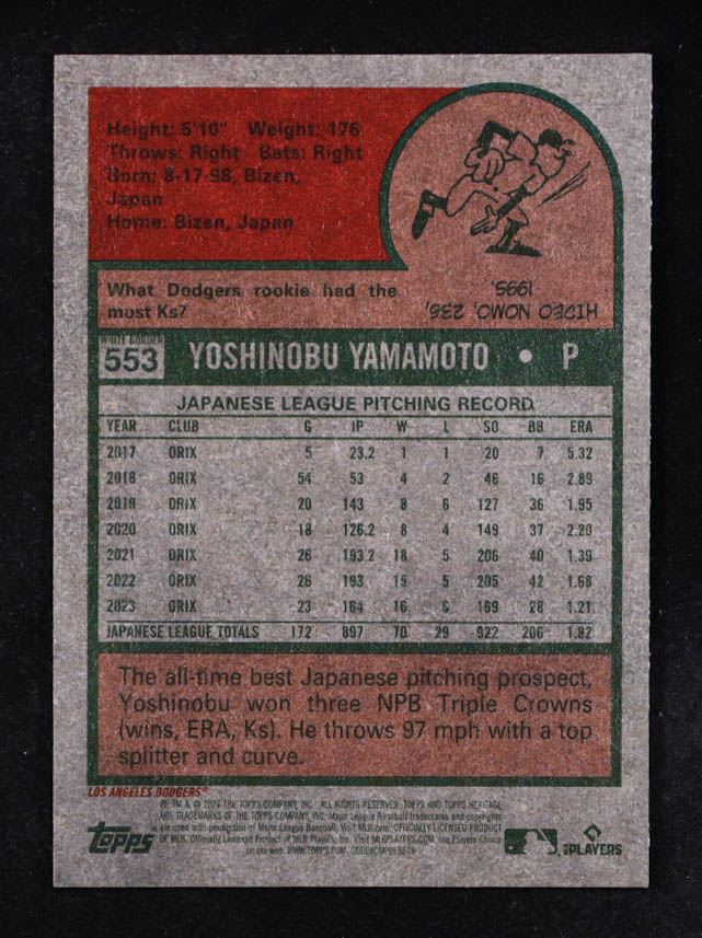 Yoshinobu Yamamoto 2024 Topps Heritage Dark Blue Border #553 RC at PristineAuction.com Yoshinobu Yamamoto 2024 Topps Heritage Dark Blue Border #553 RC at PristineAuction.com