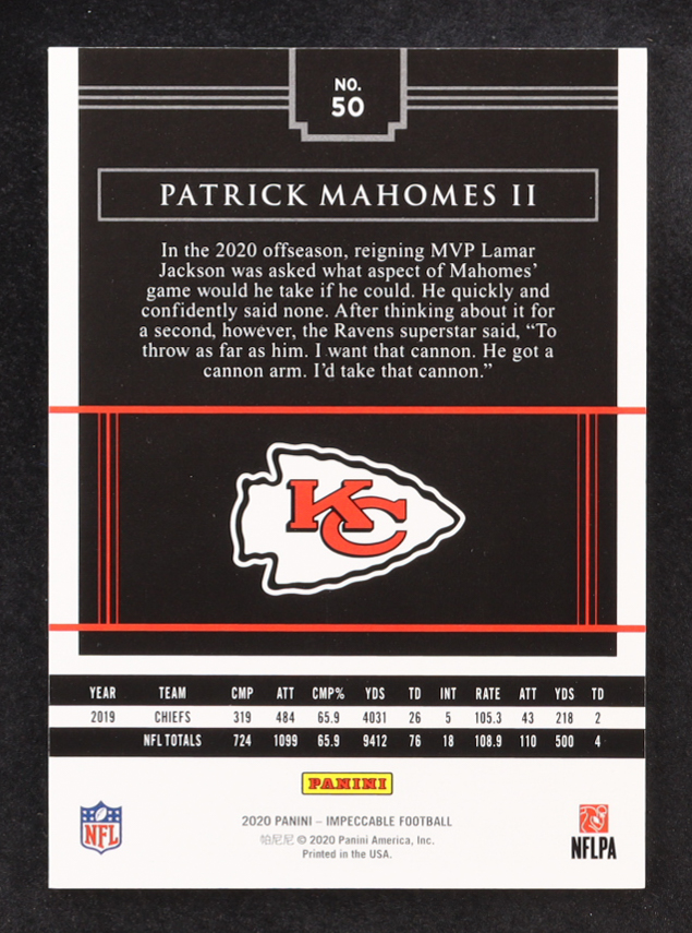 Patrick Mahomes II 2020 Panini Impeccable Silver #50 #10/50 at PristineAuction.com Patrick Mahomes II 2020 Panini Impeccable Silver #50 #10/50 at PristineAuction.com