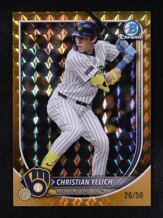 Christian Yelich 2025 Bowman Chrome Gold Geometric Refractors #70 #26/50 at PristineAuction.com Christian Yelich 2025 Bowman Chrome Gold Geometric Refractors #70 #26/50 at PristineAuction.com