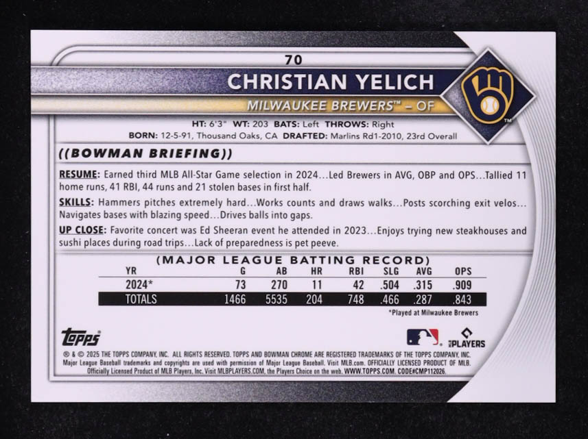 Christian Yelich 2025 Bowman Chrome Gold Geometric Refractors #70 #26/50 at PristineAuction.com Christian Yelich 2025 Bowman Chrome Gold Geometric Refractors #70 #26/50 at PristineAuction.com