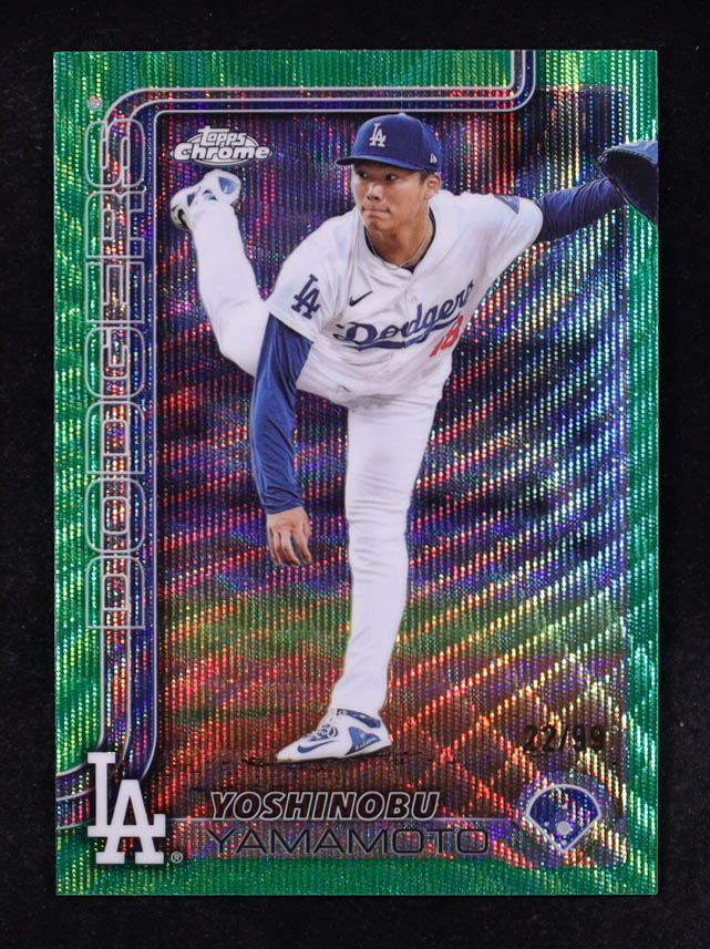 Yoshinobu Yamamoto 2025 Topps Chrome Green Wave Refractors #179 #22/99 at PristineAuction.com Yoshinobu Yamamoto 2025 Topps Chrome Green Wave Refractors #179 #22/99 at PristineAuction.com
