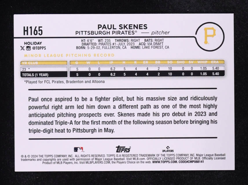 Paul Skenes 2024 Topps Holiday #H165 RC at PristineAuction.com Paul Skenes 2024 Topps Holiday #H165 RC at PristineAuction.com
