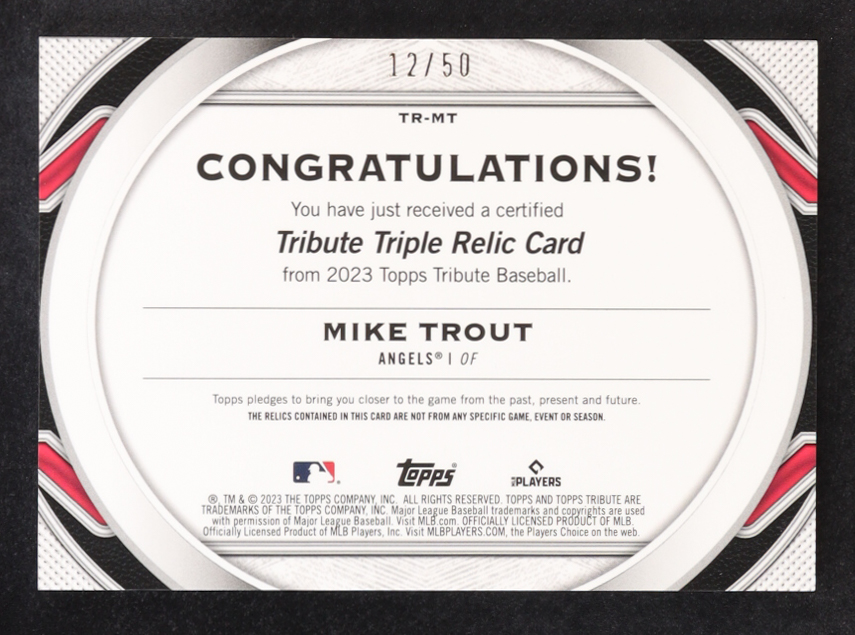 Mike Trout 2023 Topps Tribute Triple Relics Purple #TRMT #12/50 at PristineAuction.com Mike Trout 2023 Topps Tribute Triple Relics Purple #TRMT #12/50 at PristineAuction.com