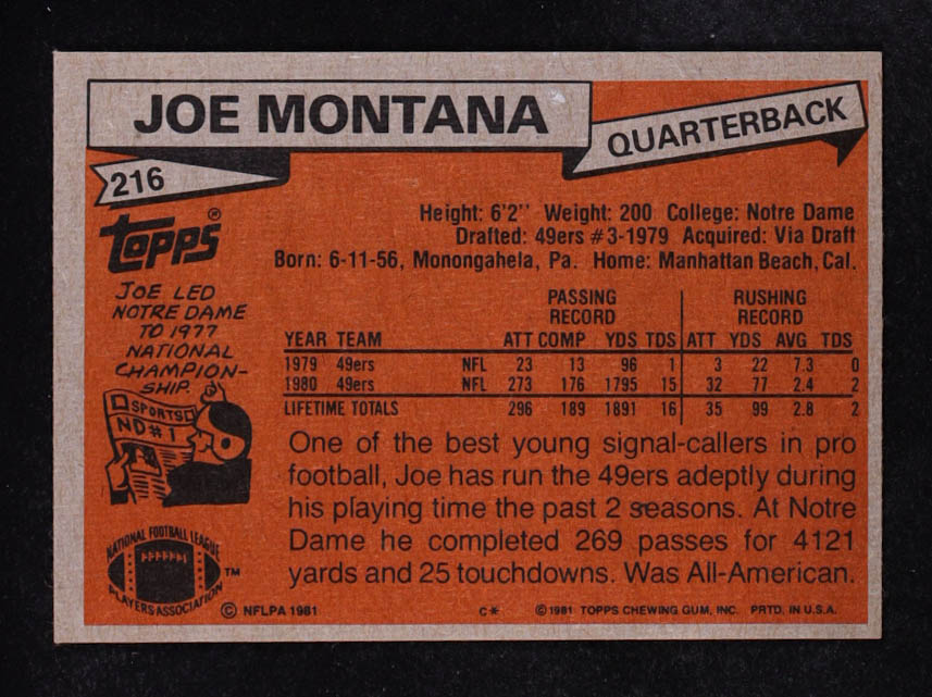 Joe Montana 1981 Topps #216 RC at PristineAuction.com Joe Montana 1981 Topps #216 RC at PristineAuction.com