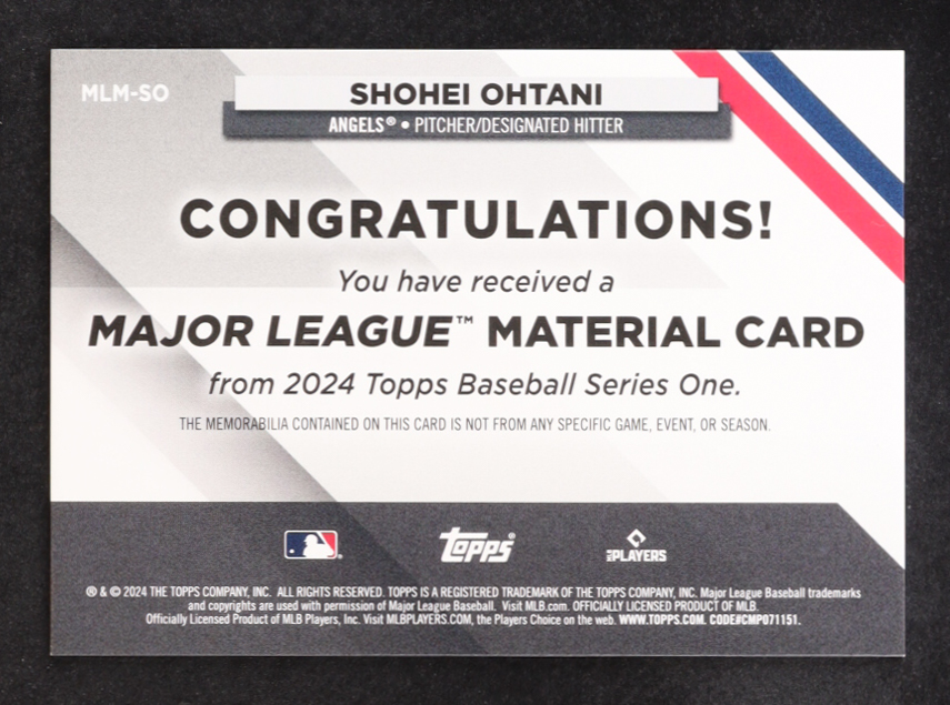 Shohei Ohtani 2024 Topps Major League Materials #MLMSO at PristineAuction.com Shohei Ohtani 2024 Topps Major League Materials #MLMSO at PristineAuction.com