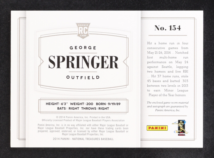 George Springer 2014 Panini National Treasures #154 #18/99 JSY AU RC at PristineAuction.com George Springer 2014 Panini National Treasures #154 #18/99 JSY AU RC at PristineAuction.com