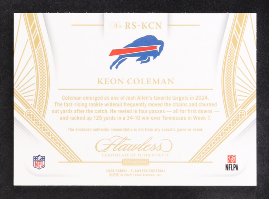 Keon Coleman 2024 Panini Flawless Rookie Showcase Materials Sapphire #18 #01/10 RC at PristineAuction.com Keon Coleman 2024 Panini Flawless Rookie Showcase Materials Sapphire #18 #01/10 RC at PristineAuction.com