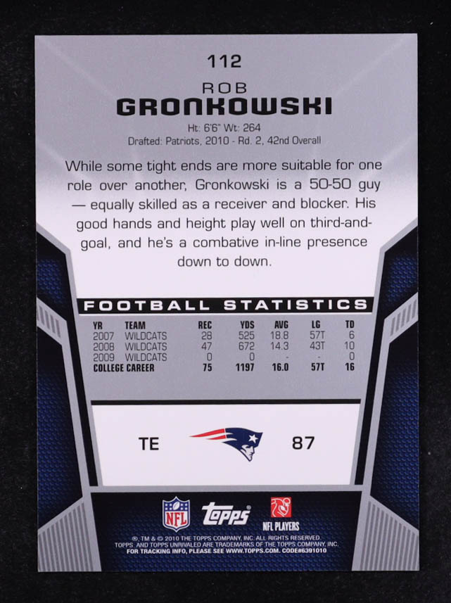 Rob Gronkowski 2010 Topps Unrivaled Gold 499 #112 RC #20/499 at PristineAuction.com Rob Gronkowski 2010 Topps Unrivaled Gold 499 #112 RC #20/499 at PristineAuction.com