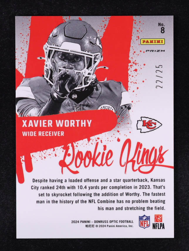 Xavier Worthy 2024 Donruss Optic Rookie Kings Black Pandora #8 RC #22/25 at PristineAuction.com Xavier Worthy 2024 Donruss Optic Rookie Kings Black Pandora #8 RC #22/25 at PristineAuction.com