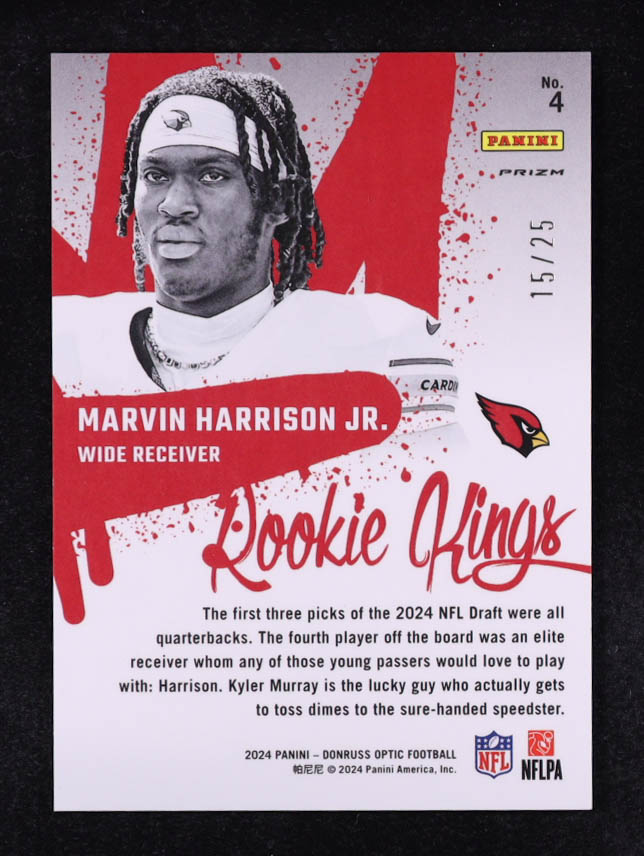 Marvin Harrison Jr. 2024 Donruss Optic Rookie Kings Black Pandora #4 RC #15/25 at PristineAuction.com Marvin Harrison Jr. 2024 Donruss Optic Rookie Kings Black Pandora #4 RC #15/25 at PristineAuction.com