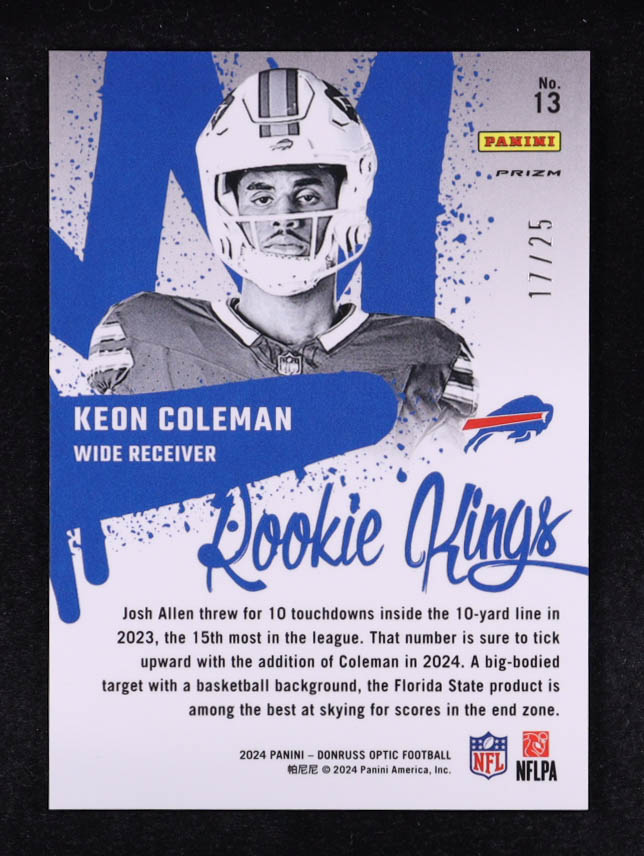 Keon Coleman 2024 Donruss Optic Rookie Kings Black Pandora #13 RC #17/25 at PristineAuction.com Keon Coleman 2024 Donruss Optic Rookie Kings Black Pandora #13 RC #17/25 at PristineAuction.com