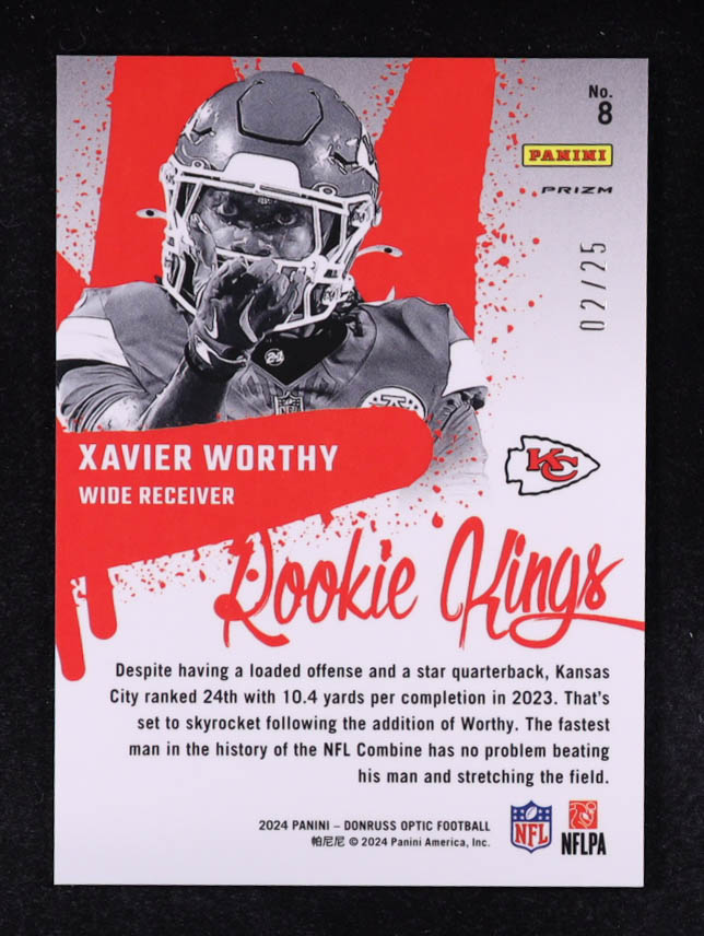 Xavier Worthy 2024 Donruss Optic Rookie Kings Black Pandora #8 RC #02/25 at PristineAuction.com Xavier Worthy 2024 Donruss Optic Rookie Kings Black Pandora #8 RC #02/25 at PristineAuction.com