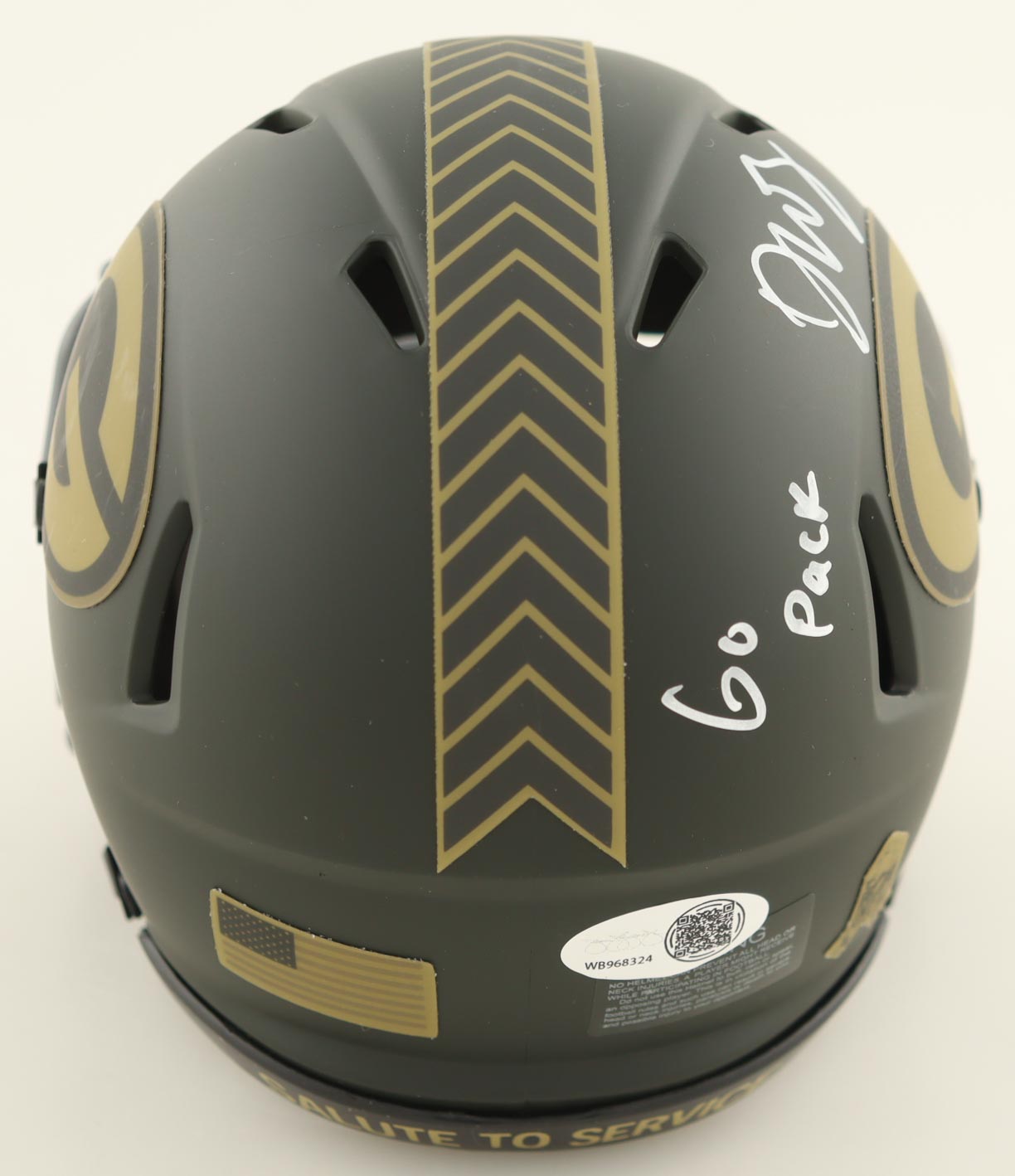 Dontayvion Wicks Signed Packers Salute To Service Alternate Speed Mini Helmet Inscribed "Go Pack" (JSA) at PristineAuction.com Dontayvion Wicks Signed Packers Salute To Service Alternate Speed Mini Helmet Inscribed "Go Pack" (JSA) at PristineAuction.com