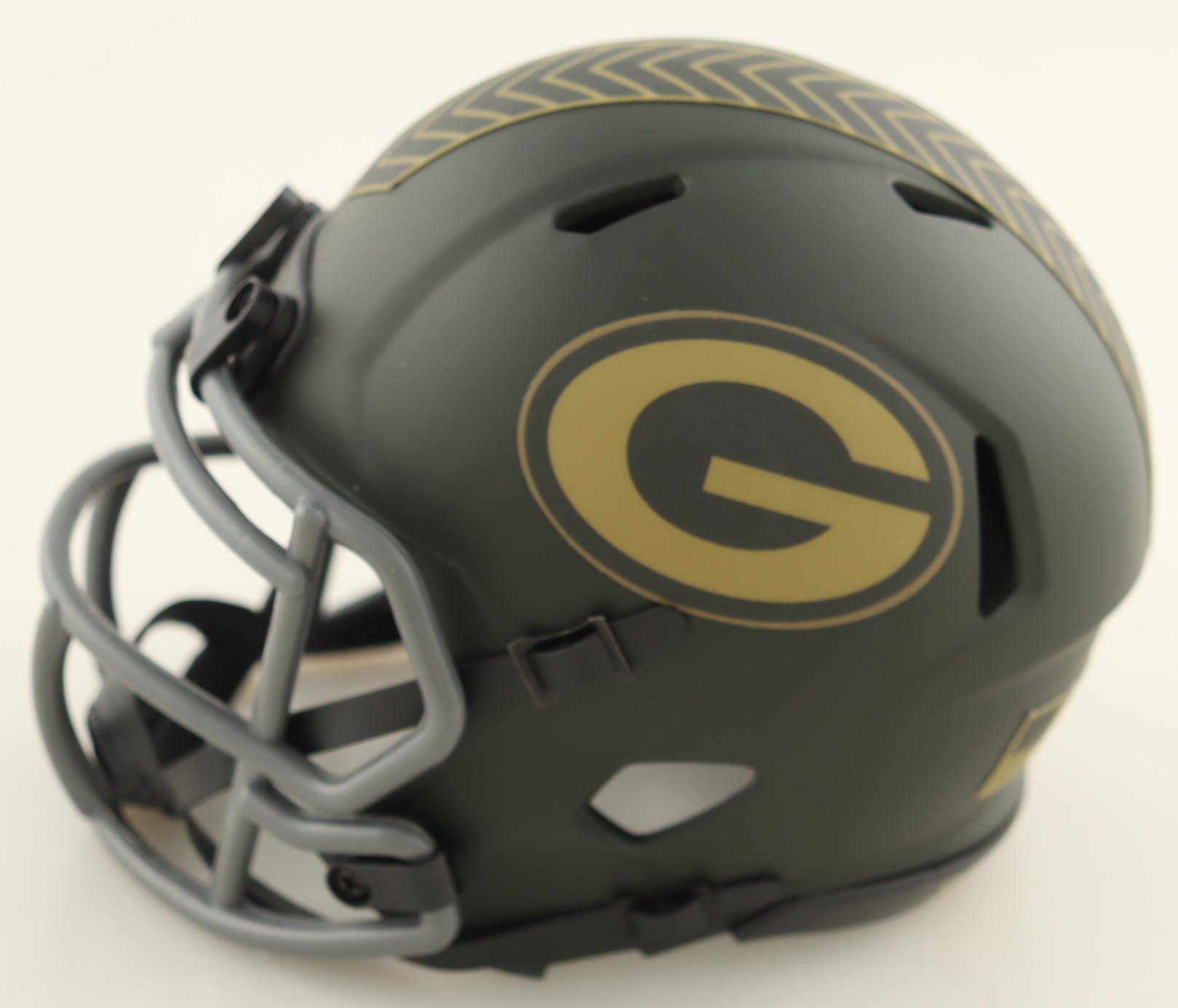 Dontayvion Wicks Signed Packers Salute To Service Alternate Speed Mini Helmet Inscribed "Go Pack" (JSA) at PristineAuction.com Dontayvion Wicks Signed Packers Salute To Service Alternate Speed Mini Helmet Inscribed "Go Pack" (JSA) at PristineAuction.com
