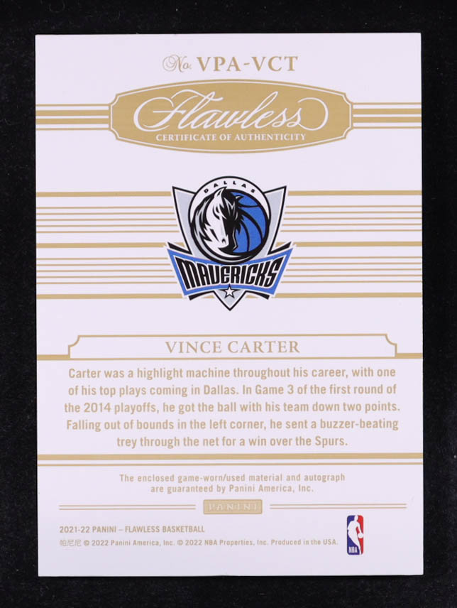 Vince Carter 2021-22 Panini Flawless Vertical Patch Autographs Gold #50 #08/10 at PristineAuction.com Vince Carter 2021-22 Panini Flawless Vertical Patch Autographs Gold #50 #08/10 at PristineAuction.com