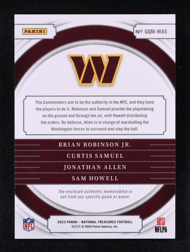 Brian Robinson Jr. / Curtis Samuel / Jonathan Allen / Sam Howell 2023 Panini National Treasures NFL Gear Quad Materials Laundry Tag Brand Logo #9 #1/1 at PristineAuction.com Brian Robinson Jr. / Curtis Samuel / Jonathan Allen / Sam Howell 2023 Panini National Treasures NFL Gear Quad Materials Laundry Tag Brand Logo #9 #1/1 at PristineAuction.com