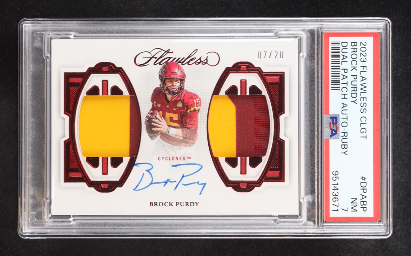 Brock Purdy 2023 Flawless Collegiate Dual Patch Ruby Auto #DPABP #07/20 (PSA 7) at PristineAuction.com Brock Purdy 2023 Flawless Collegiate Dual Patch Ruby Auto #DPABP #07/20 (PSA 7) at PristineAuction.com