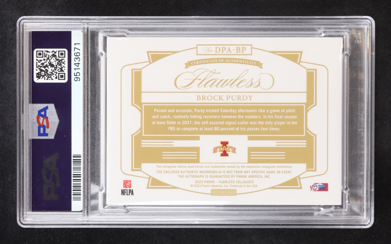 Brock Purdy 2023 Flawless Collegiate Dual Patch Ruby Auto #DPABP #07/20 (PSA 7) at PristineAuction.com Brock Purdy 2023 Flawless Collegiate Dual Patch Ruby Auto #DPABP #07/20 (PSA 7) at PristineAuction.com