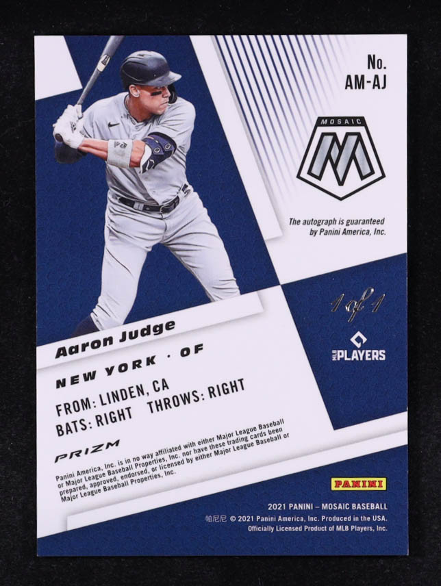 Aaron Judge 2021 Panini Mosaic Autographs Mosaic Choice Fusion Black Gold #5 #1/1 at PristineAuction.com Aaron Judge 2021 Panini Mosaic Autographs Mosaic Choice Fusion Black Gold #5 #1/1 at PristineAuction.com