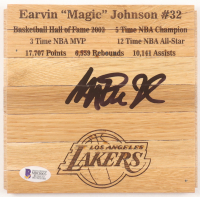 Magic Johnson Signed Lakers 6x6 Custom Engraved Wood Floorboard Piece (Johnson) at PristineAuction.com