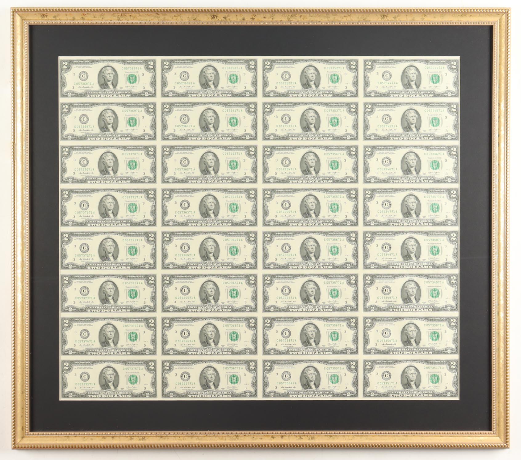 2013 U.S. $2 Dollar Bill Custom Framed Uncut Sheet Of (32) Bills at PristineAuction.com 2013 U.S. $2 Dollar Bill Custom Framed Uncut Sheet Of (32) Bills at PristineAuction.com