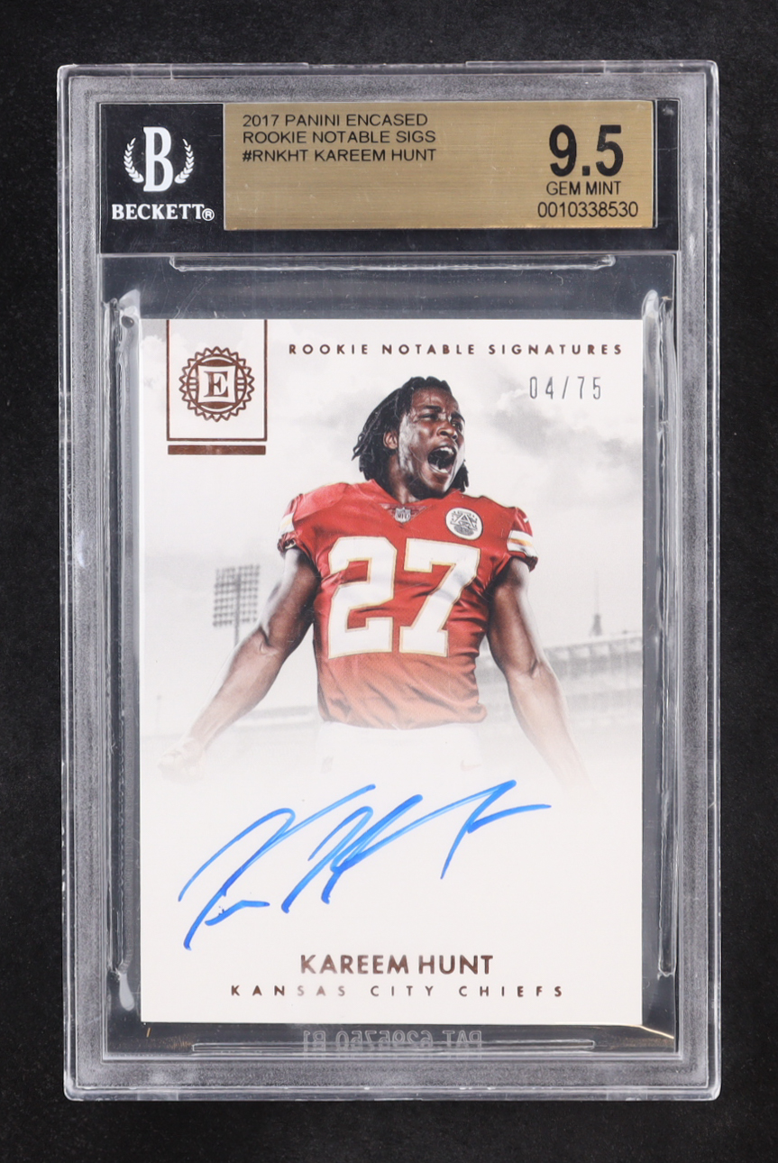 Kareem Hunt 2017 Panini Encased Rookie Notable Signatures #RNKHT RC #04/75 (BGS 9.5 | Autograph Graded BGS 9) at PristineAuction.com Kareem Hunt 2017 Panini Encased Rookie Notable Signatures #RNKHT RC #04/75 (BGS 9.5 | Autograph Graded BGS 9) at PristineAuction.com