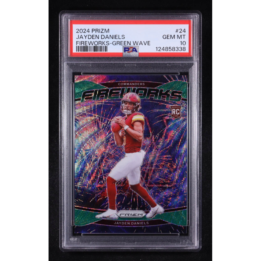 Jayden Daniels 2024 Panini Prizm Fireworks Green Wave #24 RC (PSA 10) at PristineAuction.com