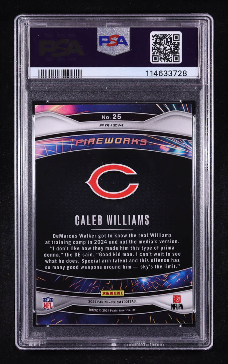 Caleb Williams 2024 Panini Prizm Fireworks Green Prizm #25 RC (PSA 10) at PristineAuction.com Caleb Williams 2024 Panini Prizm Fireworks Green Prizm #25 RC (PSA 10) at PristineAuction.com