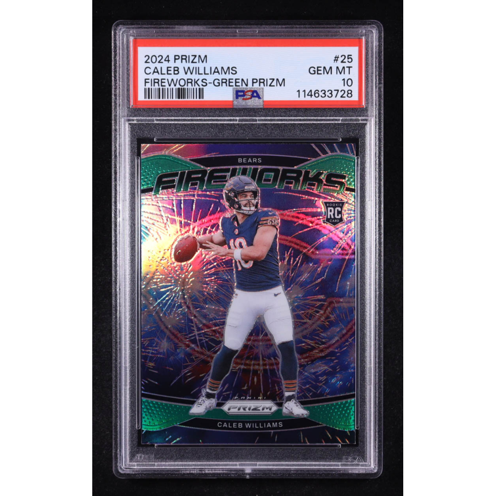 Caleb Williams 2024 Panini Prizm Fireworks Green Prizm #25 RC (PSA 10) at PristineAuction.com