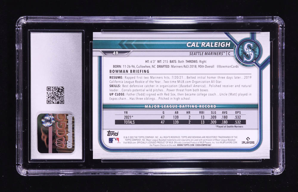 Cal Raleigh 2022 Bowman #49 RC (CGC 10) at PristineAuction.com Cal Raleigh 2022 Bowman #49 RC (CGC 10) at PristineAuction.com