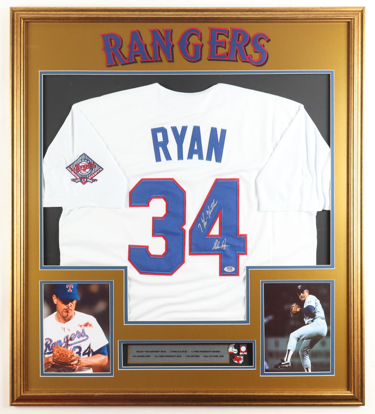 Nolan Ryan Signed Custom Framed Jersey Display with (3) Vintage Ryan Career Pins Inscribed "7 No-Hitter" (PSA) at PristineAuction.com Nolan Ryan Signed Custom Framed Jersey Display with (3) Vintage Ryan Career Pins Inscribed "7 No-Hitter" (PSA) at PristineAuction.com