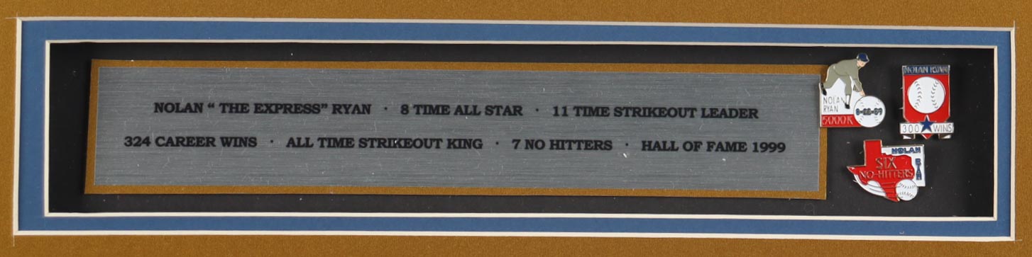 Nolan Ryan Signed Custom Framed Jersey Display with (3) Vintage Ryan Career Pins Inscribed "7 No-Hitter" (PSA) at PristineAuction.com Nolan Ryan Signed Custom Framed Jersey Display with (3) Vintage Ryan Career Pins Inscribed "7 No-Hitter" (PSA) at PristineAuction.com