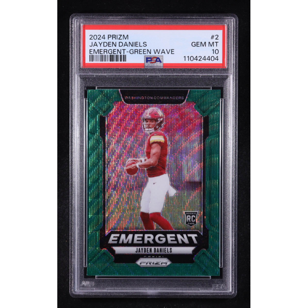 Jayden Daniels 2024 Panini Prizm Emergent Green Wave #2 RC (PSA 10) at PristineAuction.com
