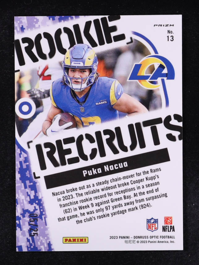 Puka Nacua 2023 Donruss Optic Rookie Recruits Black Pandora #13 RC #05/25 at PristineAuction.com Puka Nacua 2023 Donruss Optic Rookie Recruits Black Pandora #13 RC #05/25 at PristineAuction.com