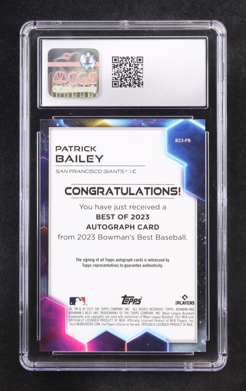 Patrick Bailey 2023 Bowman's Best Of '23 Autographs #B23-PB RC (CGC 10 | Autograph Graded CGC 10) at PristineAuction.com Patrick Bailey 2023 Bowman's Best Of '23 Autographs #B23-PB RC (CGC 10 | Autograph Graded CGC 10) at PristineAuction.com
