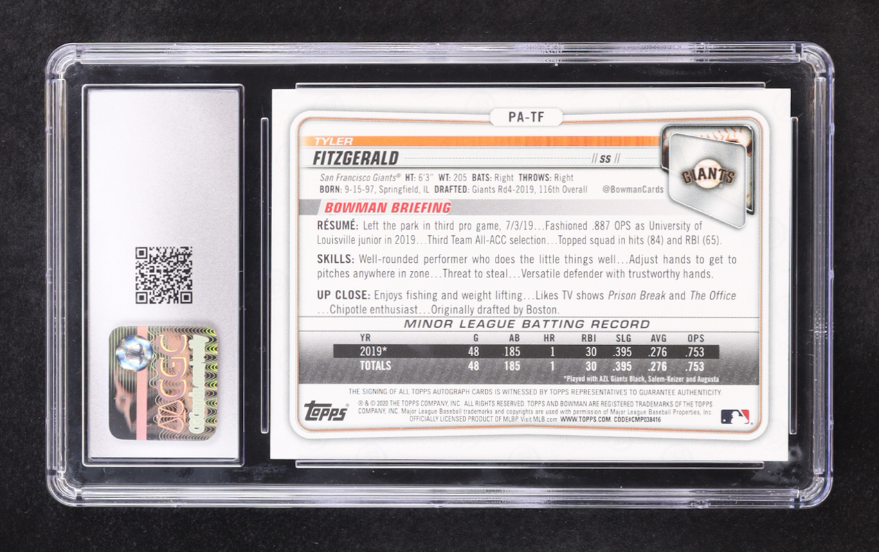 Tyler Fitzgerald 2020 Bowman Prospect Blue Autographs #PA-TF RC #075/150 (CGC 9 | Autograph Graded CGC 9) at PristineAuction.com Tyler Fitzgerald 2020 Bowman Prospect Blue Autographs #PA-TF RC #075/150 (CGC 9 | Autograph Graded CGC 9) at PristineAuction.com