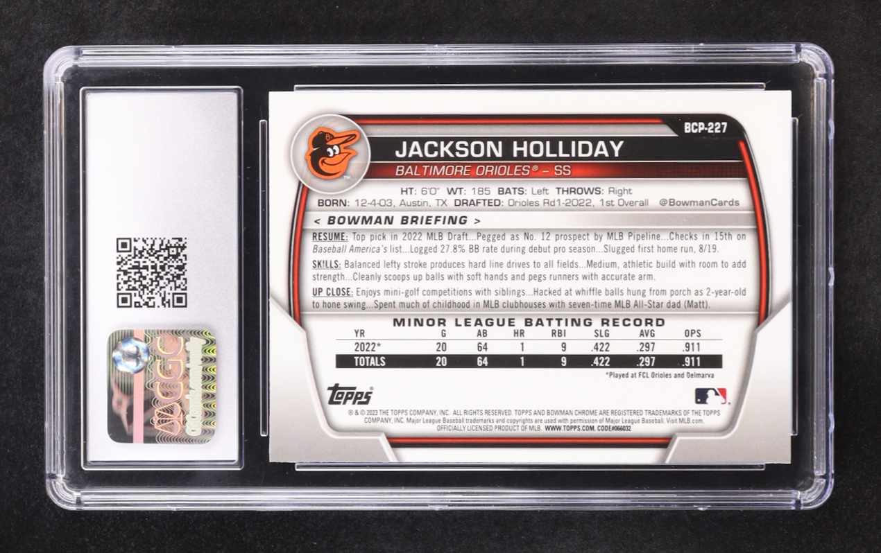 Jackson Holliday 2023 Bowman Chrome Prospects #BCP-227 RC (CGC 9.5) at PristineAuction.com Jackson Holliday 2023 Bowman Chrome Prospects #BCP-227 RC (CGC 9.5) at PristineAuction.com