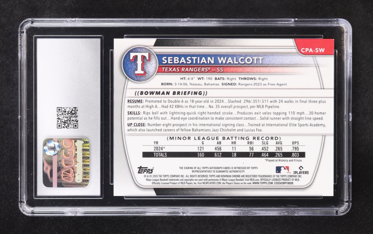 Sebastian Walcott 2025 Bowman Chrome Prospect Autographs #CPA-SW RC (CGC 9 | Autograph Graded CGC 9) at PristineAuction.com Sebastian Walcott 2025 Bowman Chrome Prospect Autographs #CPA-SW RC (CGC 9 | Autograph Graded CGC 9) at PristineAuction.com