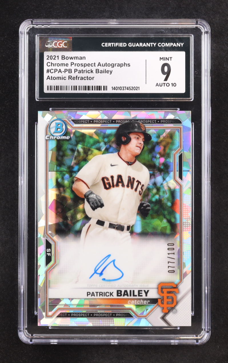 Patrick Bailey 2021 Bowman Chrome Prospect Atomic Refractor Autographs #CPA-PB RC #077/100 (CGC 9 | Autograph Graded CGC 10) at PristineAuction.com Patrick Bailey 2021 Bowman Chrome Prospect Atomic Refractor Autographs #CPA-PB RC #077/100 (CGC 9 | Autograph Graded CGC 10) at PristineAuction.com