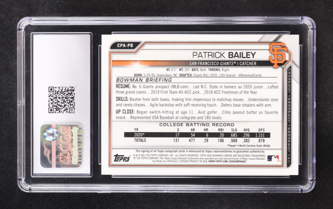Patrick Bailey 2021 Bowman Chrome Prospect Atomic Refractor Autographs #CPA-PB RC #077/100 (CGC 9 | Autograph Graded CGC 10) at PristineAuction.com Patrick Bailey 2021 Bowman Chrome Prospect Atomic Refractor Autographs #CPA-PB RC #077/100 (CGC 9 | Autograph Graded CGC 10) at PristineAuction.com