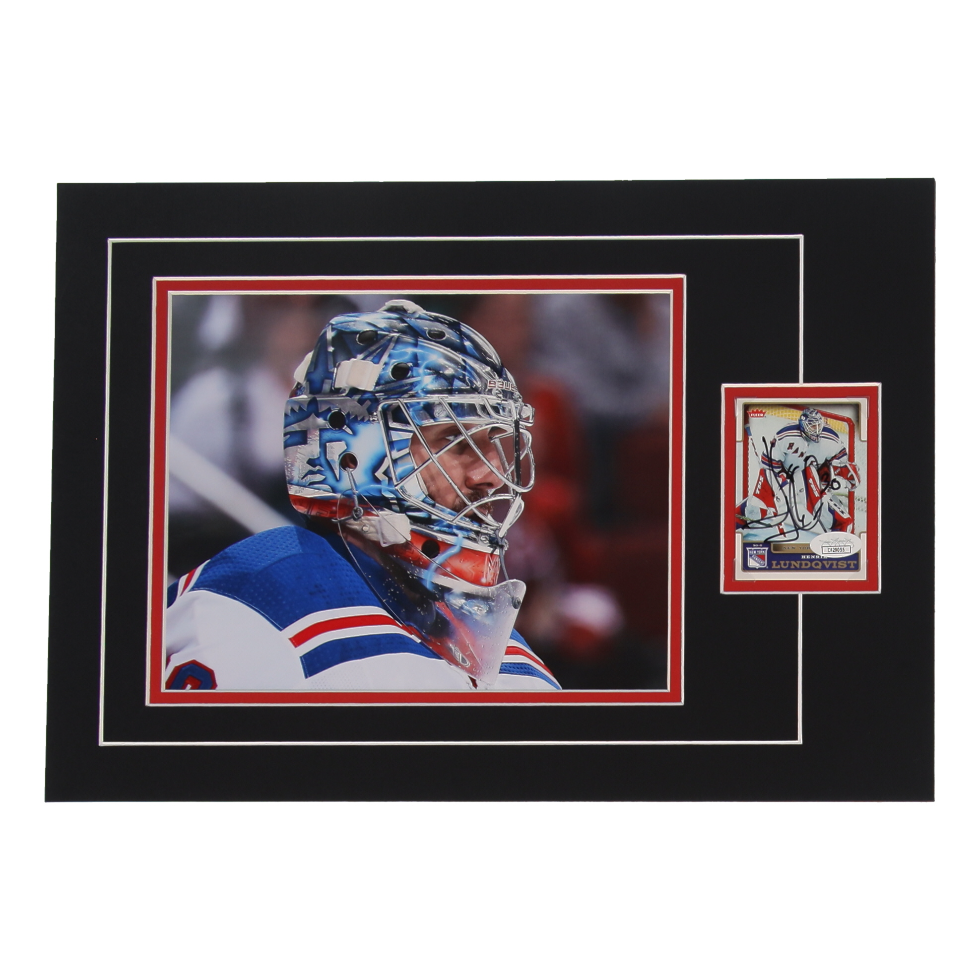 Henrik Lundqvist Signed 12x17 Custom Matted Sports Card Display with Photo (JSA) at PristineAuction.com Henrik Lundqvist Signed 12x17 Custom Matted Sports Card Display with Photo (JSA) at PristineAuction.com