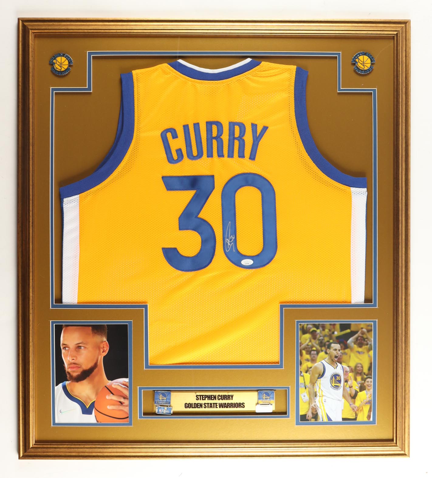Stephen Curry Signed Custom Framed Jersey Display with (4) Finals Pins (JSA) at PristineAuction.com Stephen Curry Signed Custom Framed Jersey Display with (4) Finals Pins (JSA) at PristineAuction.com