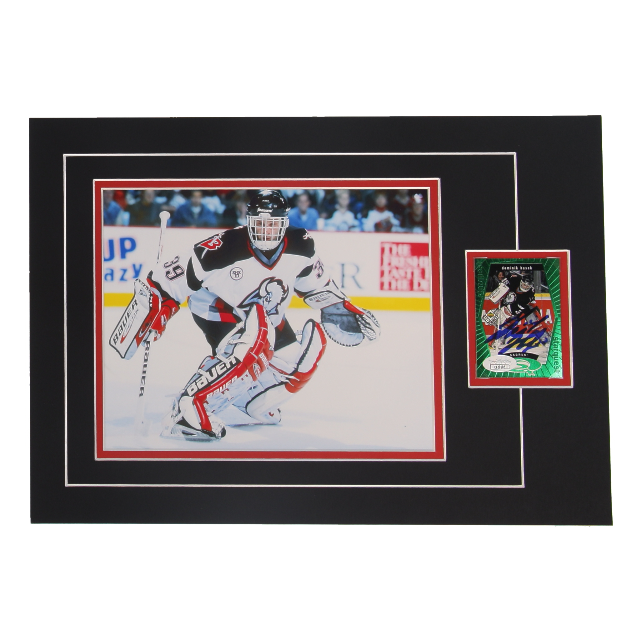 Dominik Hasek Signed 12x17 Custom Matted Sports Card Display with Photo (JSA) at PristineAuction.com Dominik Hasek Signed 12x17 Custom Matted Sports Card Display with Photo (JSA) at PristineAuction.com