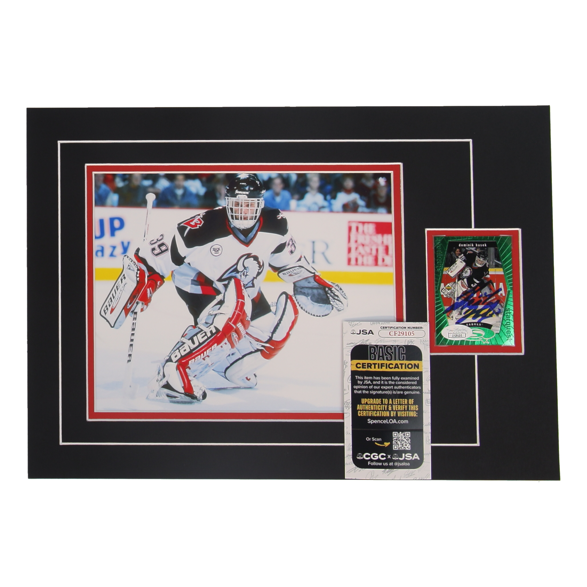 Dominik Hasek Signed 12x17 Custom Matted Sports Card Display with Photo (JSA) at PristineAuction.com Dominik Hasek Signed 12x17 Custom Matted Sports Card Display with Photo (JSA) at PristineAuction.com