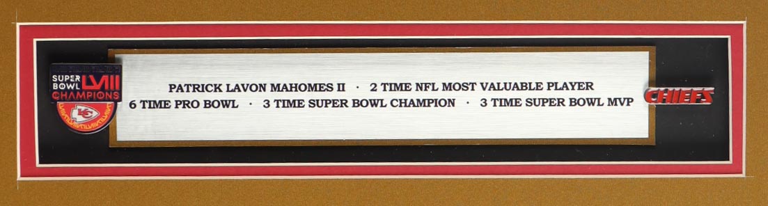 Patrick Mahomes Custom Framed Jersey Display with Stat Plaque & Super Bowl Pin & Chiefs Logo Pin at PristineAuction.com Patrick Mahomes Custom Framed Jersey Display with Stat Plaque & Super Bowl Pin & Chiefs Logo Pin at PristineAuction.com