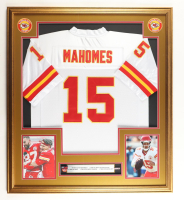 Patrick Mahomes Custom Framed Jersey Display with Stat Plaque & Super Bowl Pin & Chiefs Logo Pin at PristineAuction.com