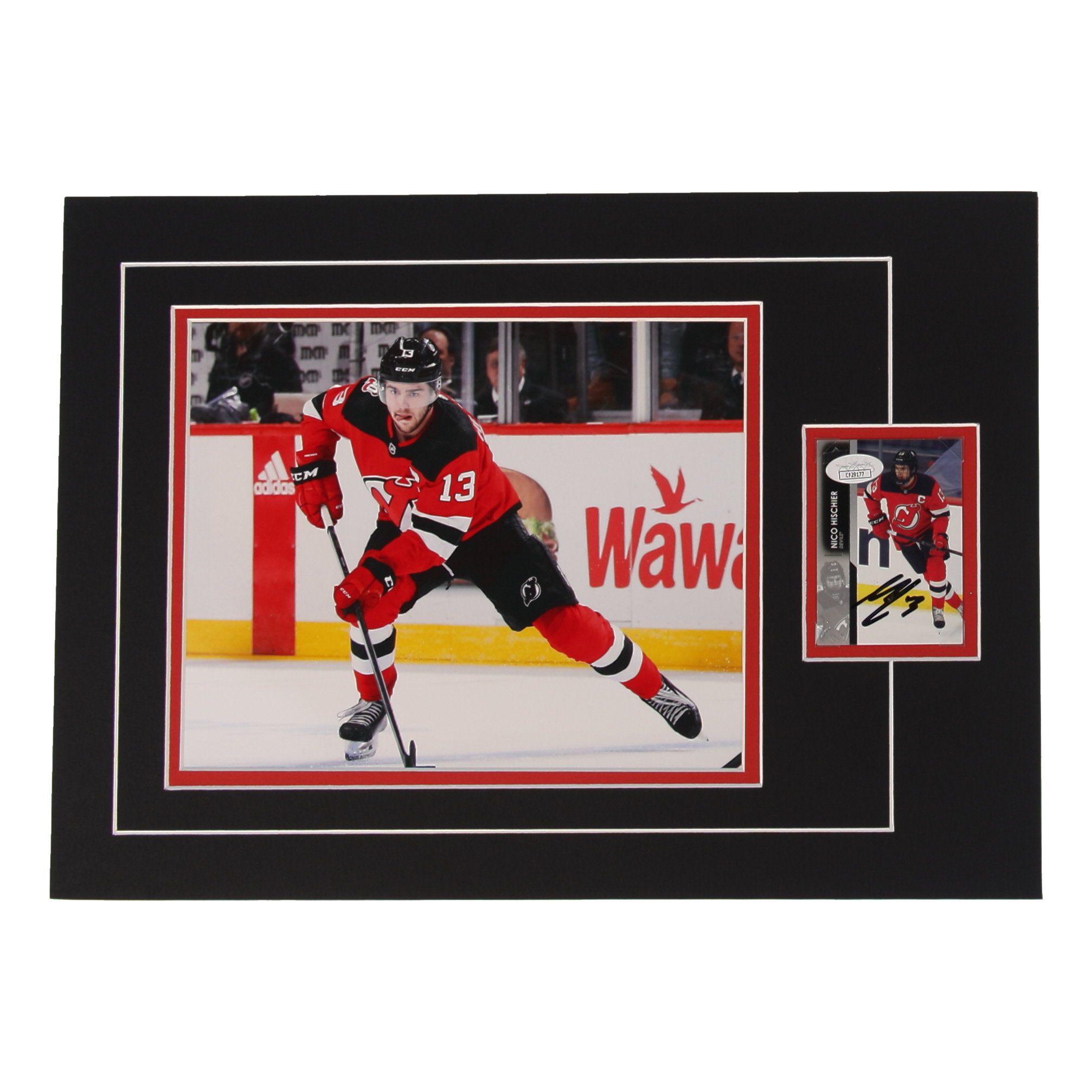 Nico Hischier Signed 12x17 Custom Matted Sports Card Display with Photo (JSA) at PristineAuction.com Nico Hischier Signed 12x17 Custom Matted Sports Card Display with Photo (JSA) at PristineAuction.com