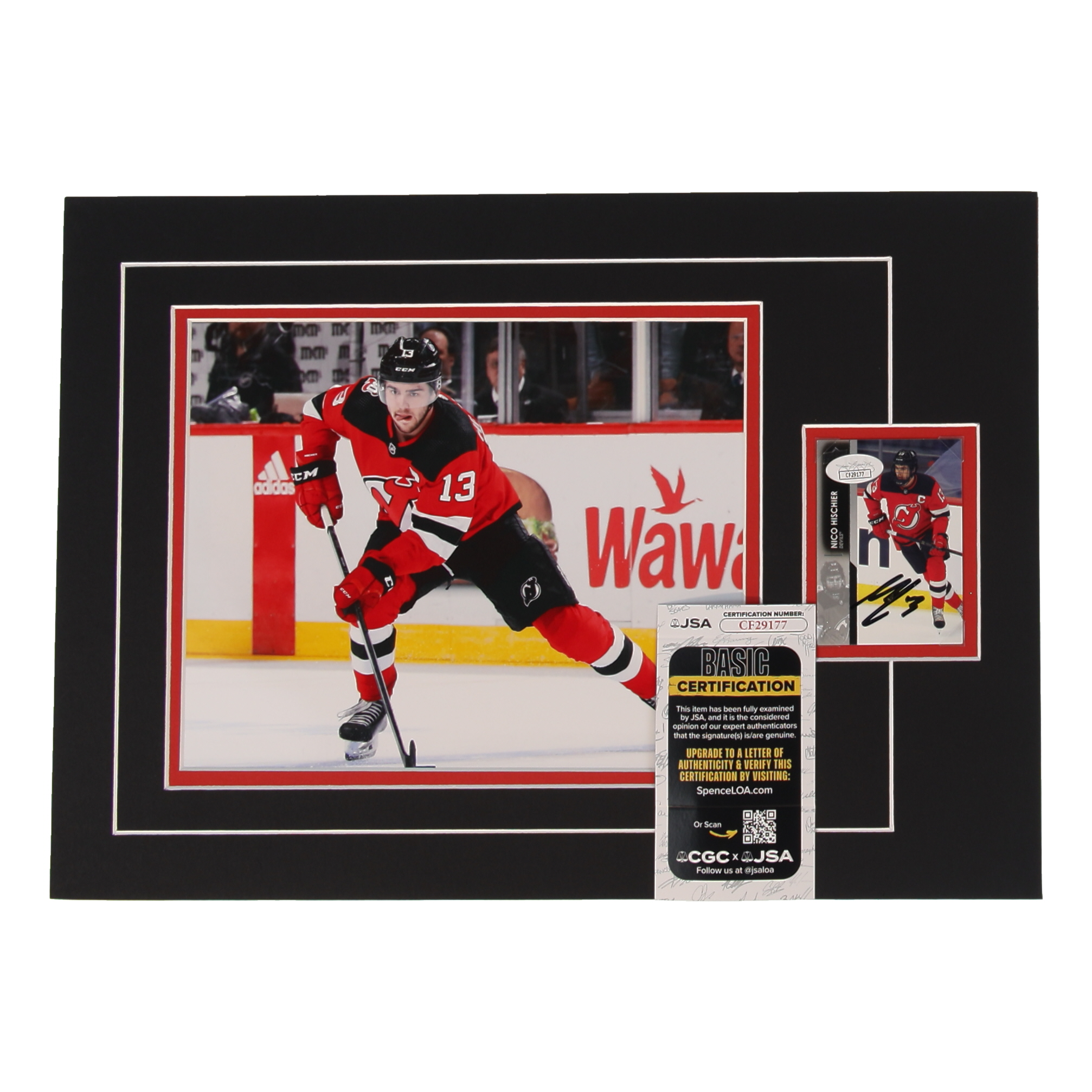 Nico Hischier Signed 12x17 Custom Matted Sports Card Display with Photo (JSA) at PristineAuction.com Nico Hischier Signed 12x17 Custom Matted Sports Card Display with Photo (JSA) at PristineAuction.com